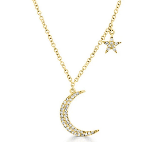 14K Gold Diamond Moon and Star Necklace
