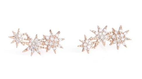 14K Gold Three Star Diamond Starburst Earrings