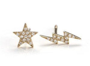 14K Gold Mini Diamond Lightening Bolt and Star Earrings by Laguna Supply