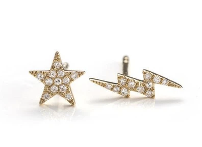 14K Gold Mini Diamond Lightening Bolt and Star Earrings